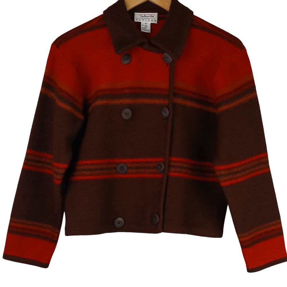 Talbots Petites SZ PS 100% Wool Brown Red Color Blocked Cropped Button Up Blazer - Picture 2 of 6